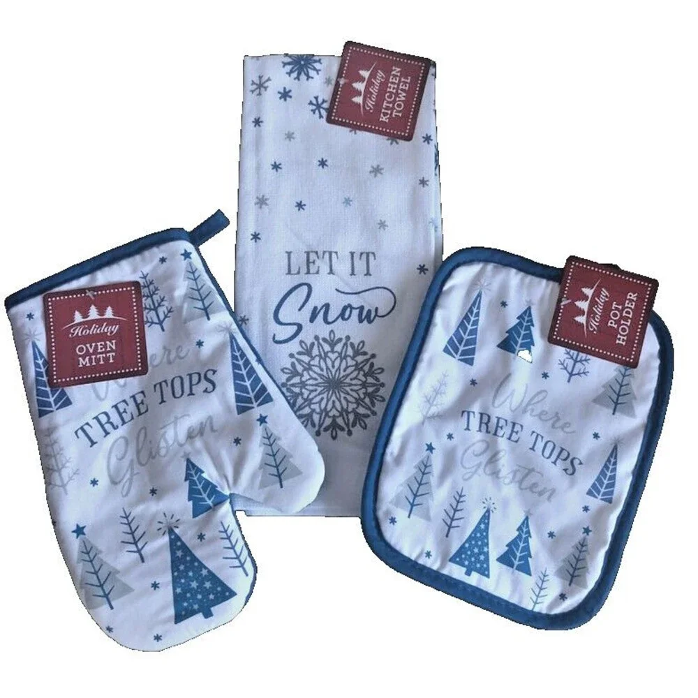 Christmas Tree Dish Kitchen Towel Potholder Oven Mitt Where Tree Tops Set of 3